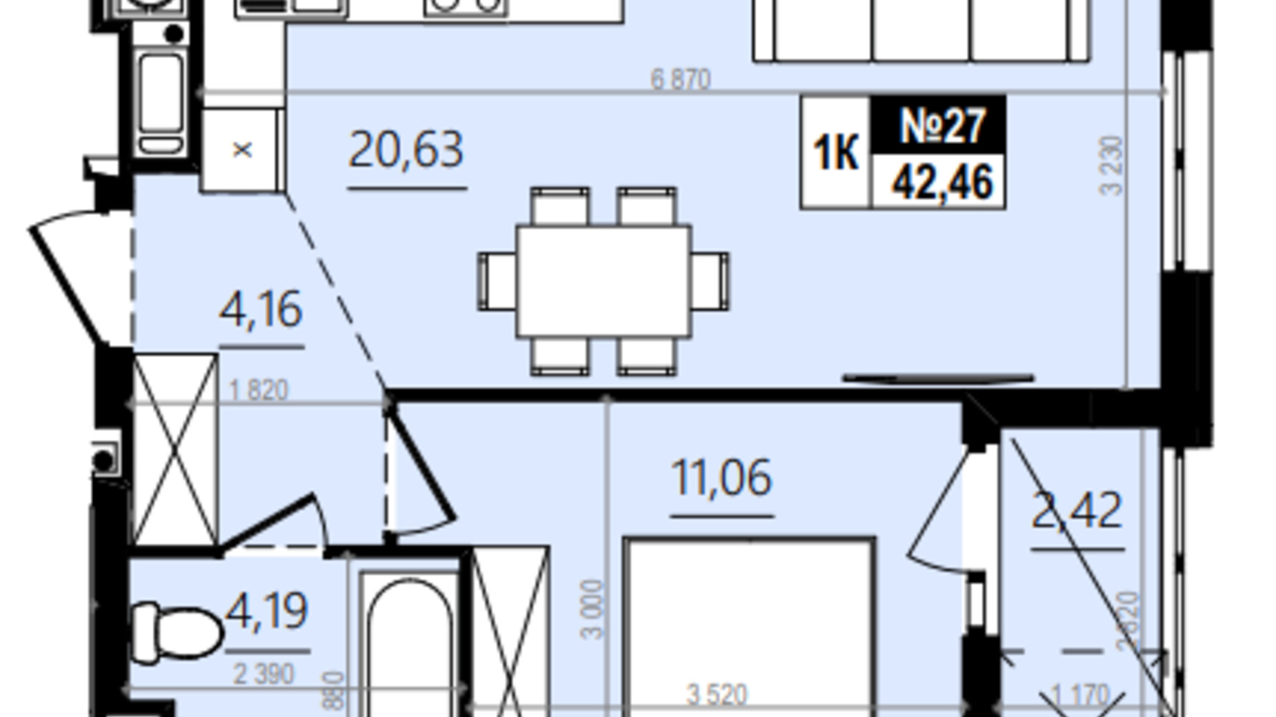 Планування 1-кімнатної квартири в ЖК Парус Comfort 45.55 м², фото 576795