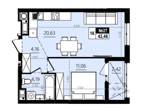 ЖК Парус Comfort: планування 1-кімнатної квартири 45.55 м²