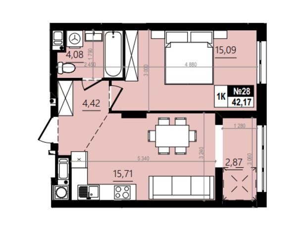 ЖК Парус Comfort: планировка 1-комнатной квартиры 45.29 м²