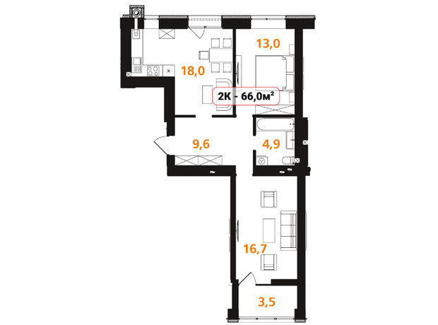 ЖК Опришівська Слобода: планировка 2-комнатной квартиры 66 м²