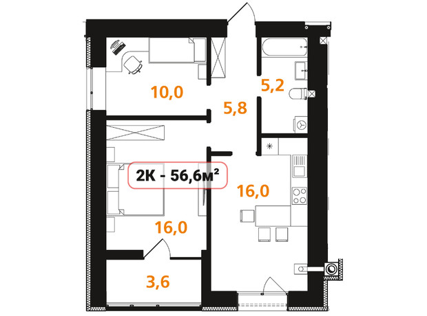 ЖК Опришівська Слобода: планування 2-кімнатної квартири 56.6 м²