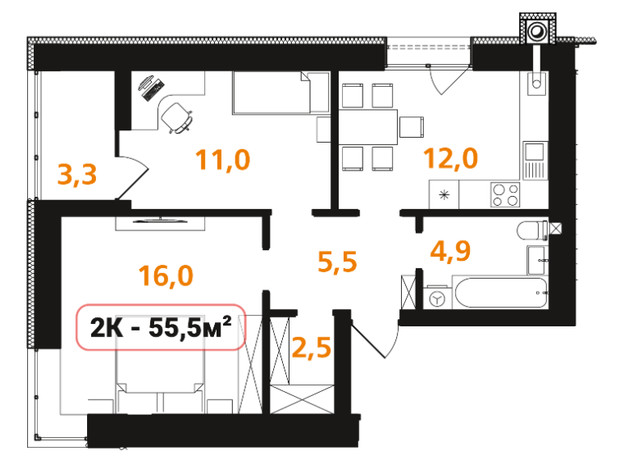 ЖК Опришівська Слобода: планировка 2-комнатной квартиры 55.5 м²