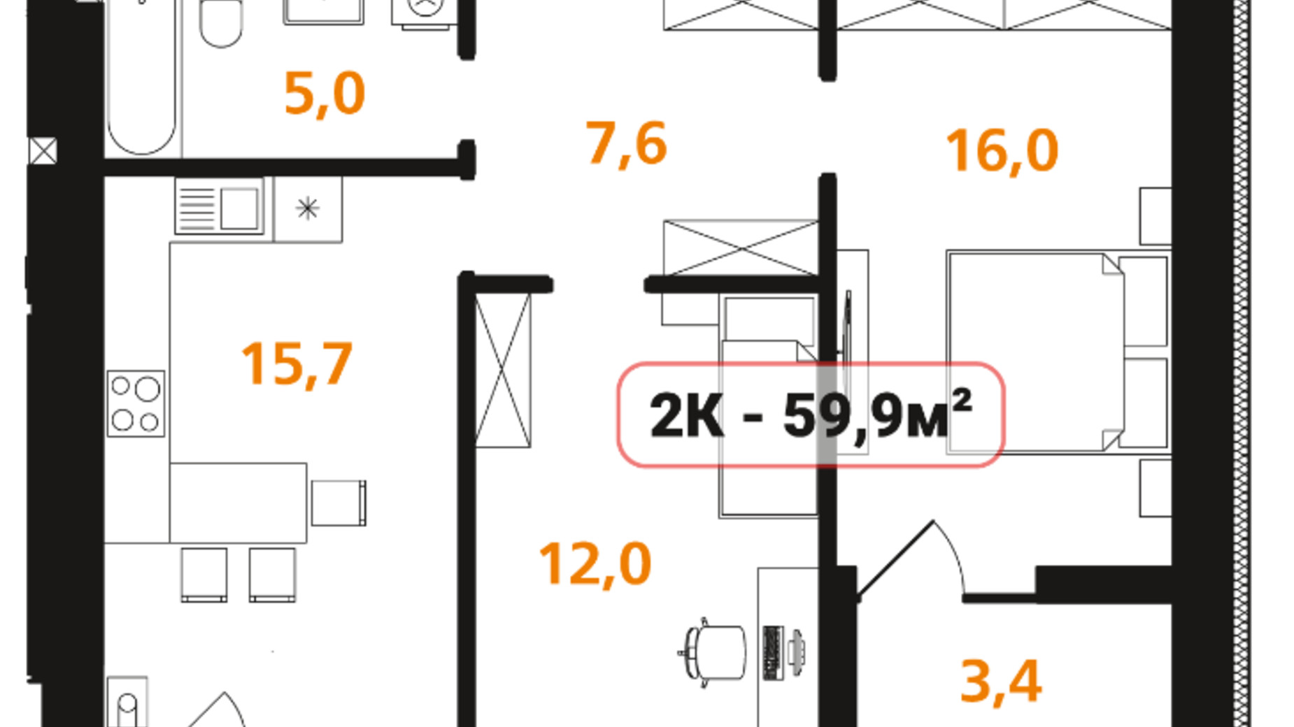 Планування 2-кімнатної квартири в ЖК Опришівська Слобода 59.9 м², фото 576925