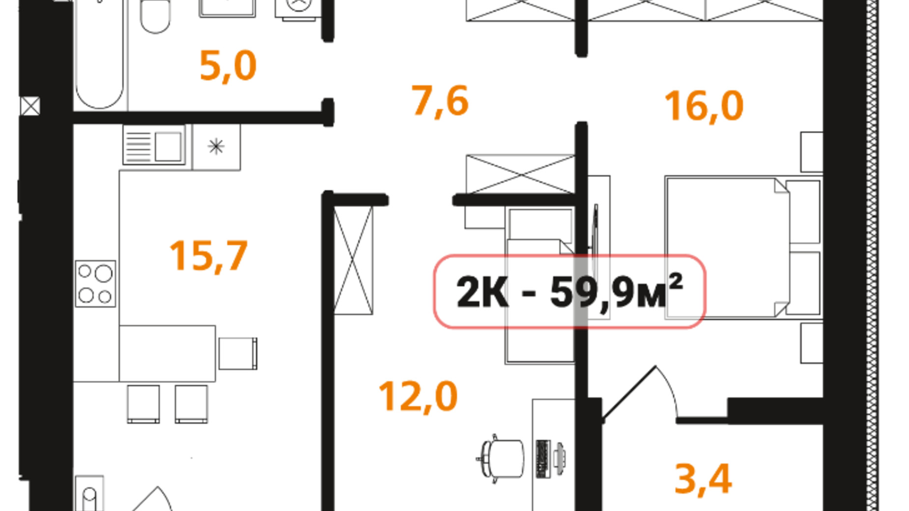 Планировка 2-комнатной квартиры в ЖК Опришівська Слобода 59.9 м², фото 576925