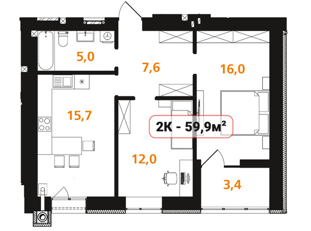 ЖК Опришівська Слобода: планировка 2-комнатной квартиры 59.9 м²