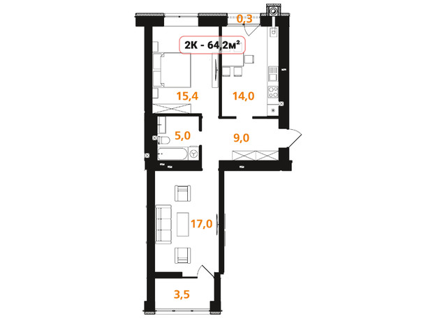 ЖК Опришівська Слобода: планировка 2-комнатной квартиры 64.2 м²