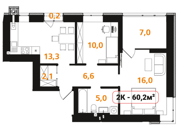 ЖК Опришівська Слобода: планировка 2-комнатной квартиры 60.2 м²