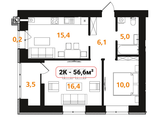 ЖК Опришівська Слобода: планування 2-кімнатної квартири 56.6 м²