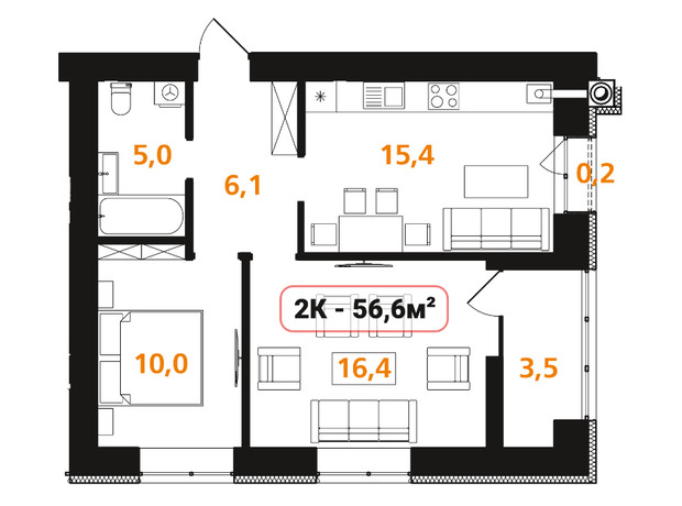 ЖК Опришівська Слобода: планування 2-кімнатної квартири 56.6 м²