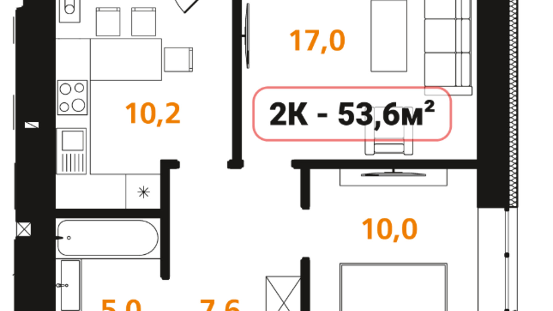 Планування 2-кімнатної квартири в ЖК Опришівська Слобода 53.6 м², фото 576936