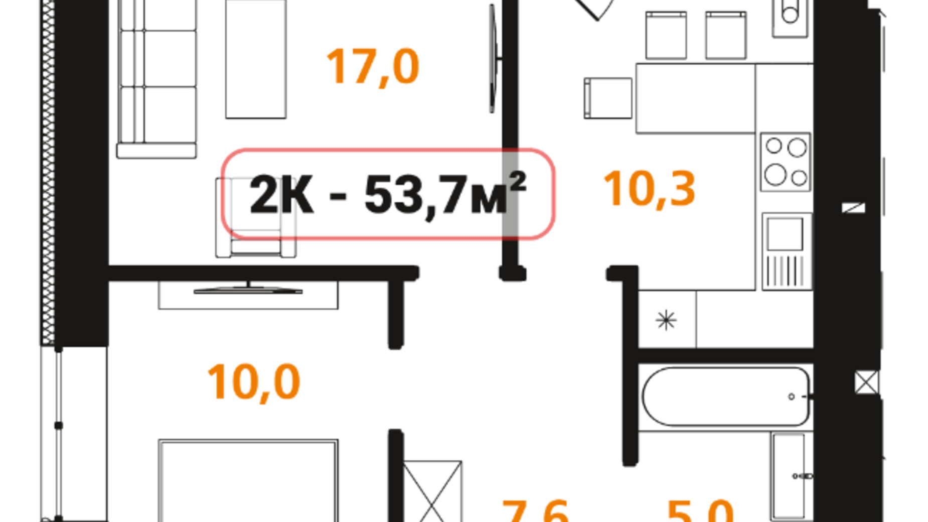 Планування 2-кімнатної квартири в ЖК Опришівська Слобода 53.7 м², фото 576937