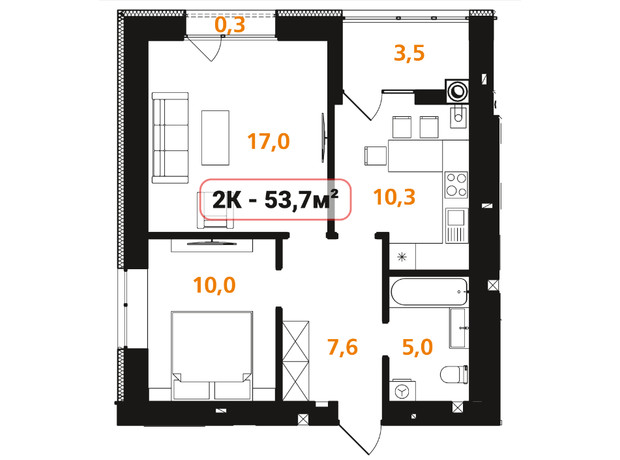 ЖК Опришівська Слобода: планування 2-кімнатної квартири 53.7 м²