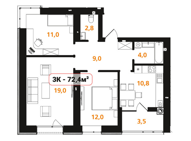 ЖК Опришівська Слобода: планування 3-кімнатної квартири 72.4 м²