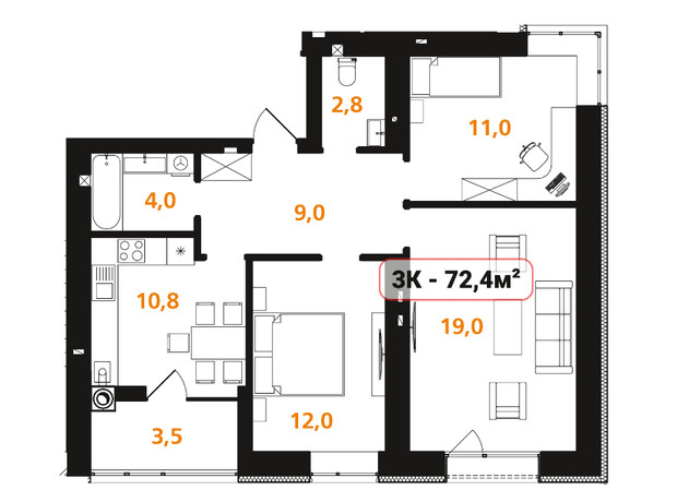 ЖК Опришівська Слобода: планировка 3-комнатной квартиры 72.4 м²