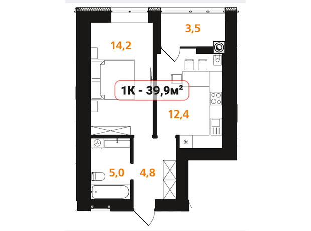 ЖК Опришівська Слобода: планування 1-кімнатної квартири 39.9 м²