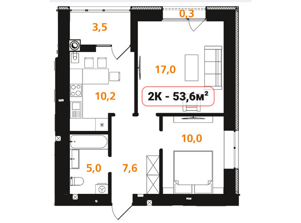 ЖК Опришівська Слобода: планування 2-кімнатної квартири 53.6 м²