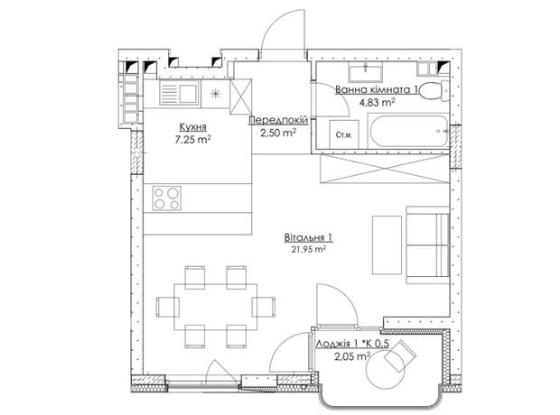 ЖК O2 Residence: планировка 1-комнатной квартиры 38.58 м²