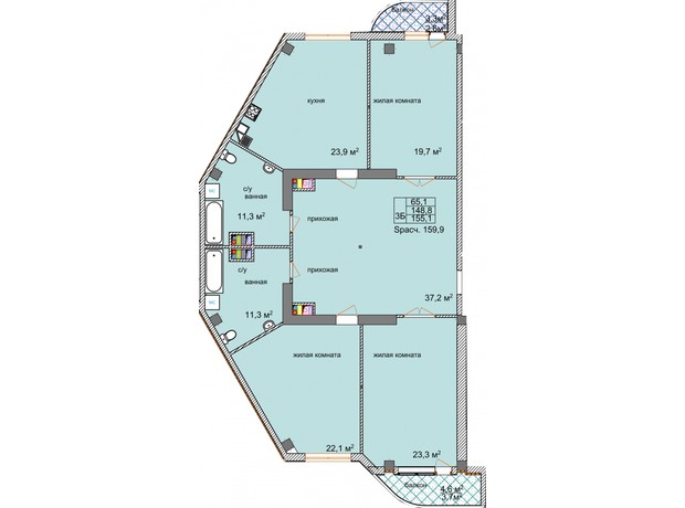 ЖК Aqua Marine: планировка 3-комнатной квартиры 150.6 м²
