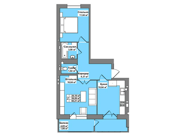 ЖК Персенківка: планировка 2-комнатной квартиры 60 м²