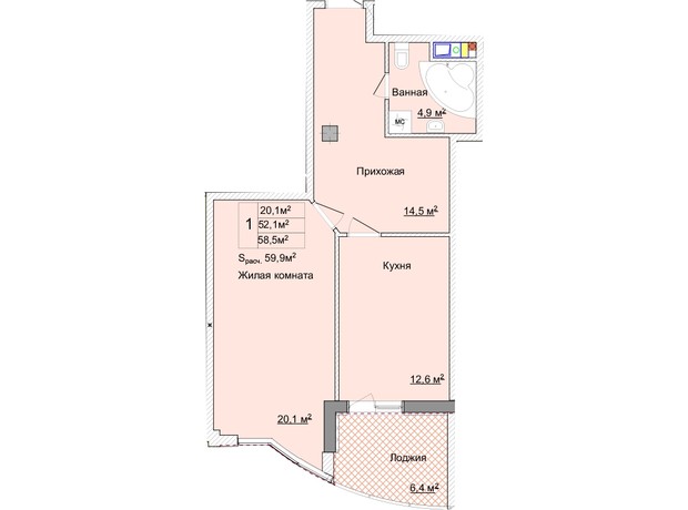 ЖК Aqua Marine: планировка 1-комнатной квартиры 58.3 м²