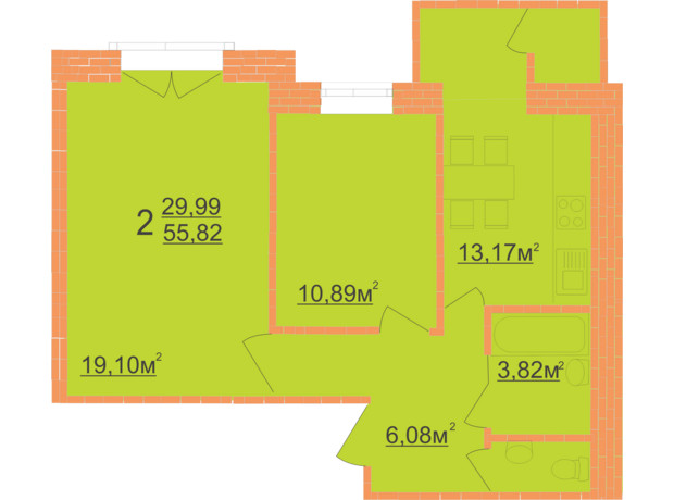 ЖК Кудрянка: планування 2-кімнатної квартири 54.28 м²