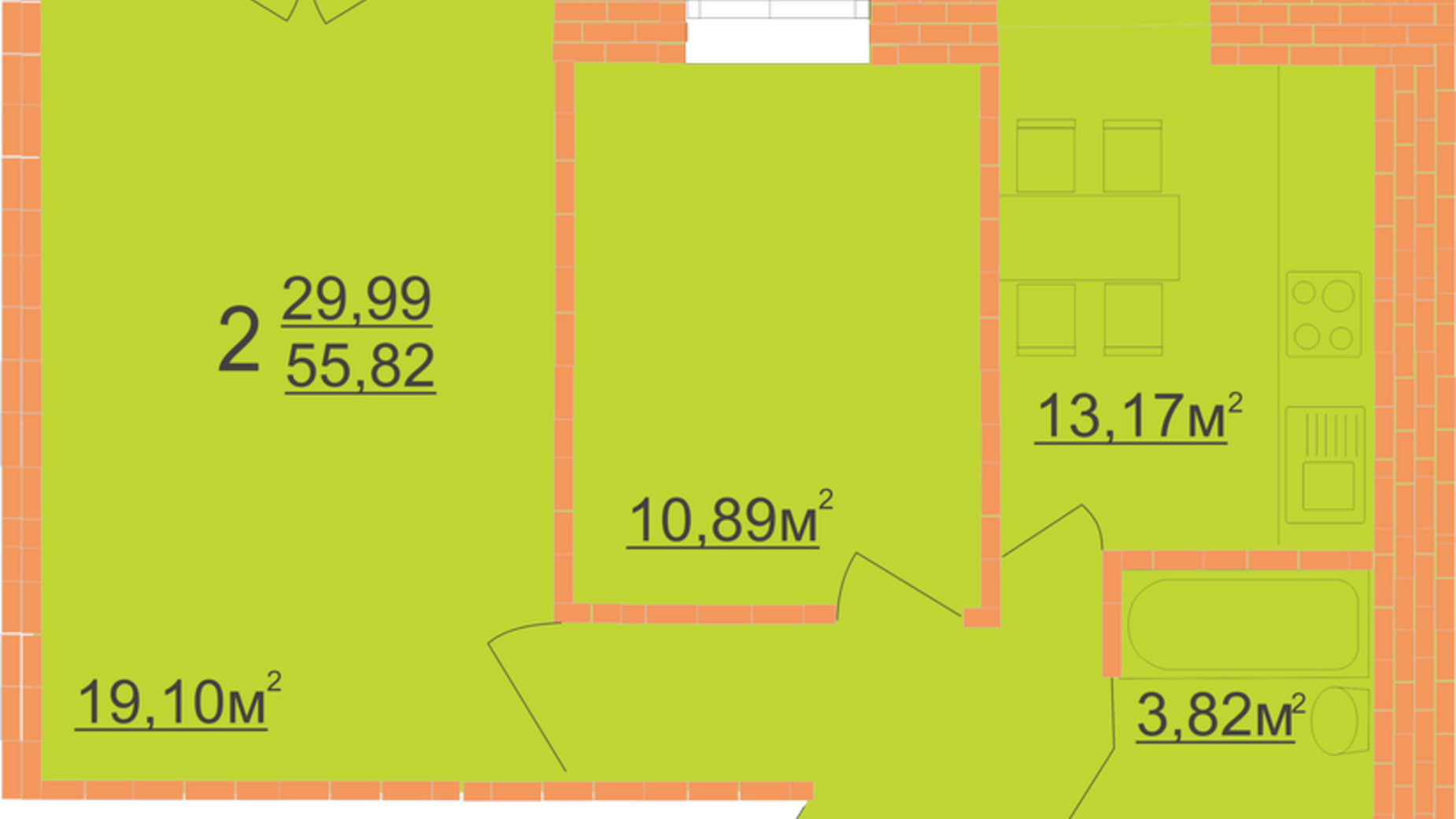Планування 2-кімнатної квартири в ЖК Кудрянка 54.28 м², фото 577184
