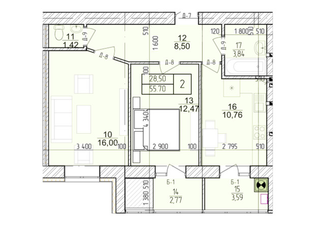 ЖК Болгарський: планування 2-кімнатної квартири 55.7 м²