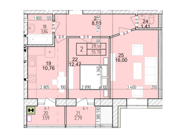 ЖК Болгарский: планировка 2-комнатной квартиры 55.7 м²