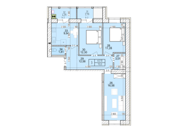 ЖК Болгарский: планировка 3-комнатной квартиры 70 м²