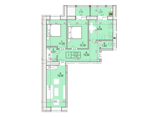 ЖК Болгарский: планировка 3-комнатной квартиры 71.8 м²