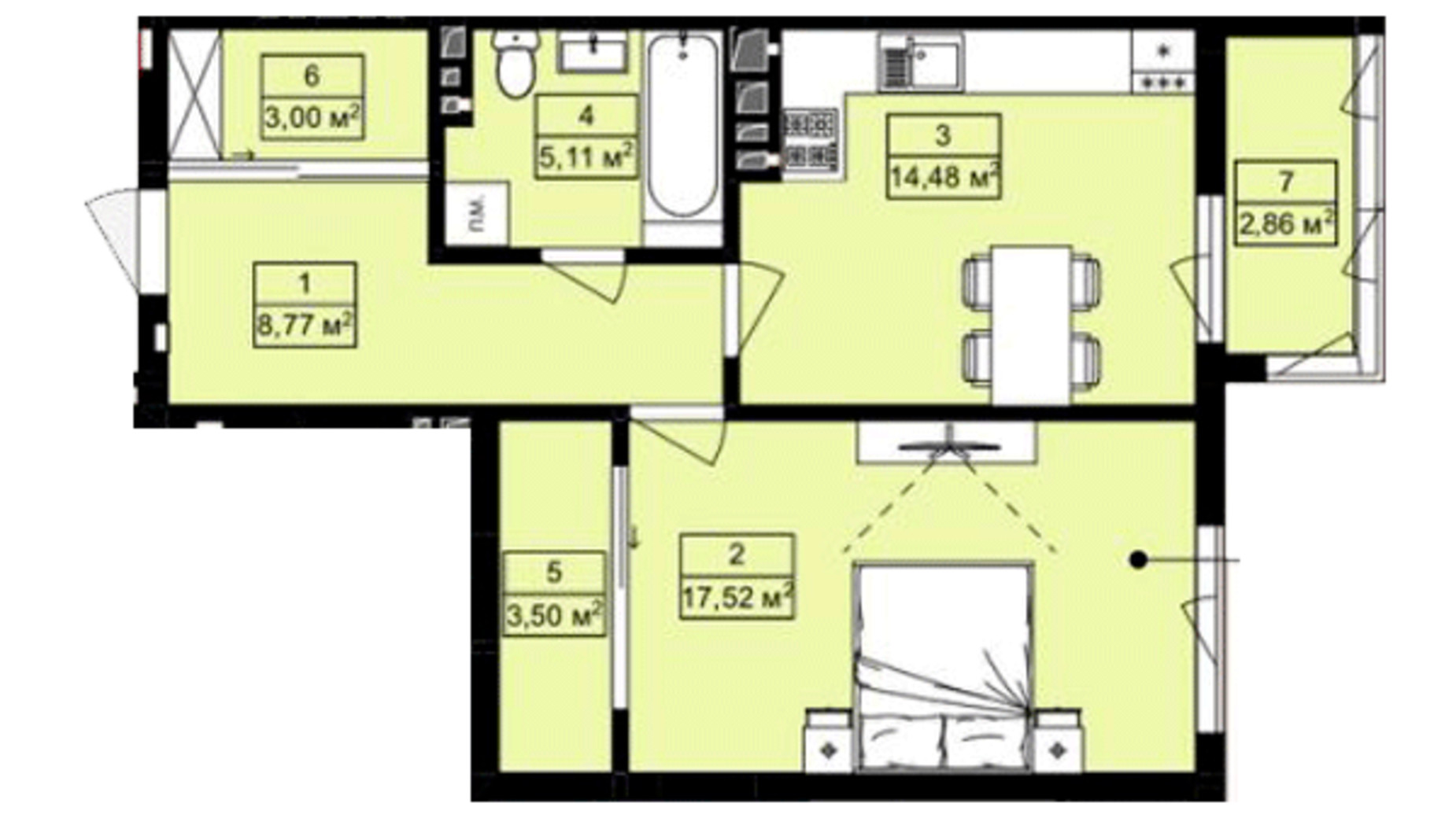 Планировка 1-комнатной квартиры в ЖК Royal Hill 55.24 м², фото 578195