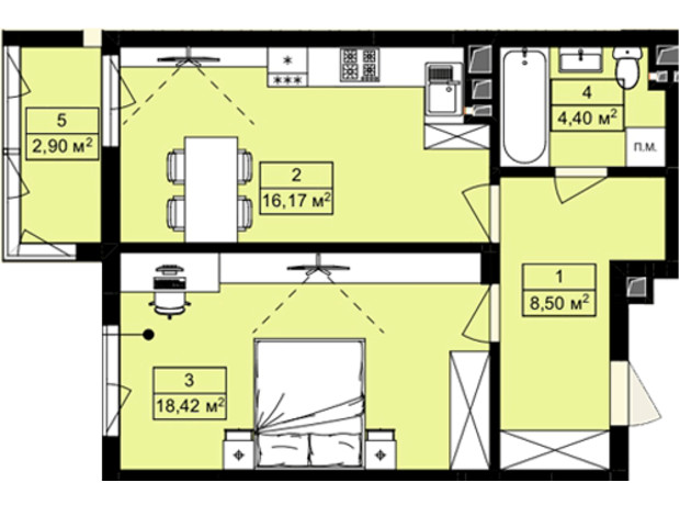 ЖК Royal Hill: планування 1-кімнатної квартири 50.39 м²