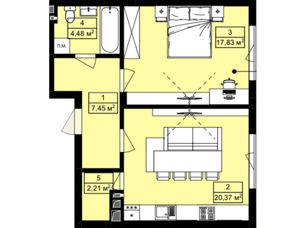 ЖК Royal Hill: планировка 1-комнатной квартиры 52.34 м²