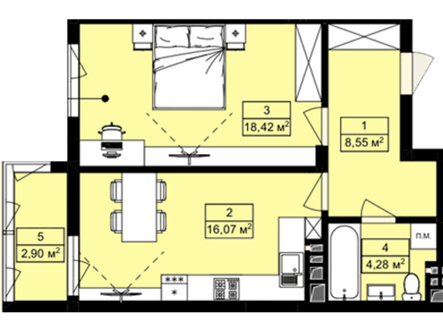 ЖК Royal Hill: планування 1-кімнатної квартири 50.22 м²