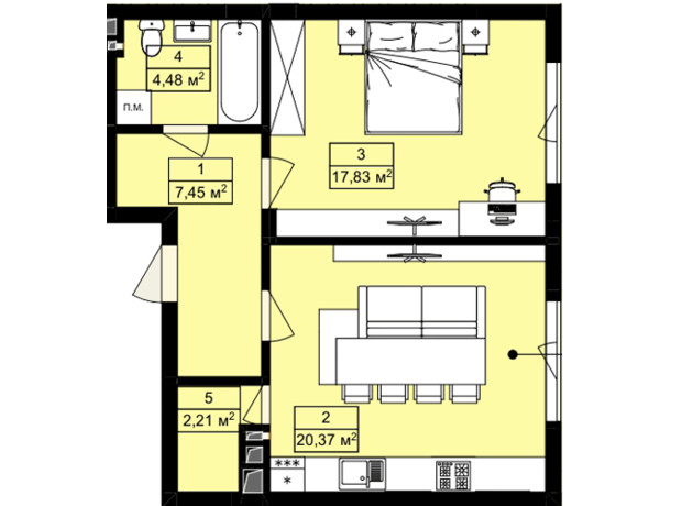 ЖК Royal Hill: планування 1-кімнатної квартири 52.34 м²