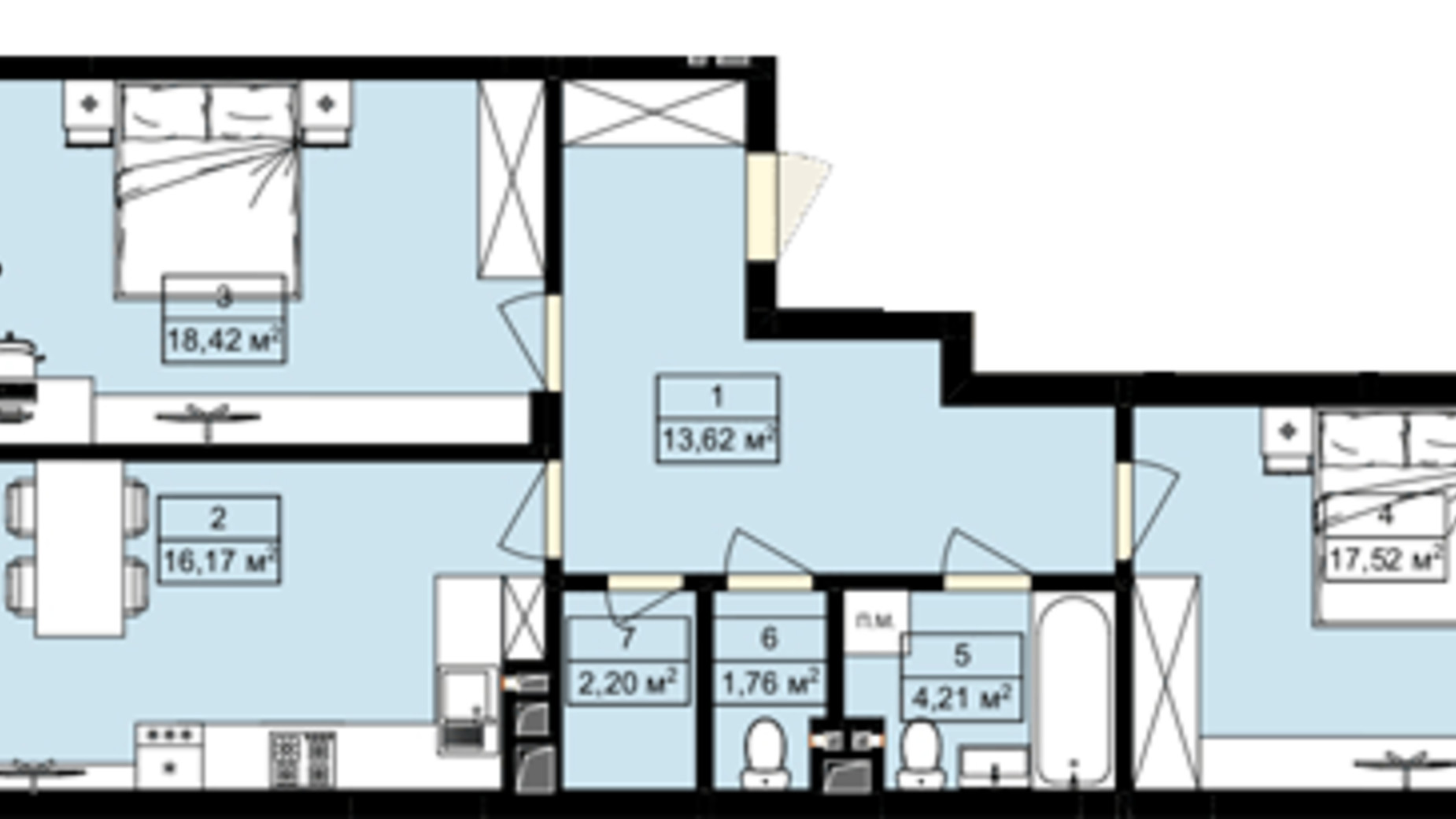 Планування 2-кімнатної квартири в ЖК Royal Hill 76.8 м², фото 578216