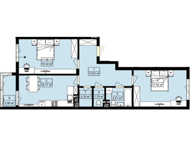 ЖК Royal Hill: планування 2-кімнатної квартири 76.8 м²