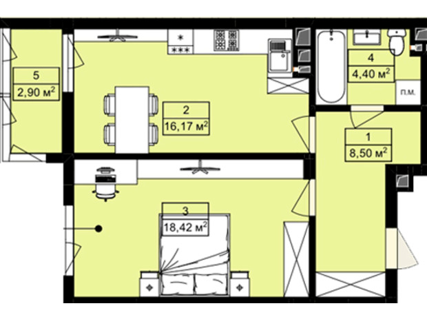 ЖК Royal Hill: планировка 1-комнатной квартиры 50.39 м²