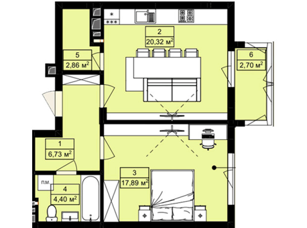 ЖК Royal Hill: планування 1-кімнатної квартири 55.03 м²