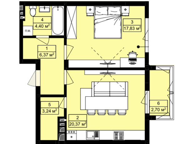 ЖК Royal Hill: планування 1-кімнатної квартири 54.91 м²