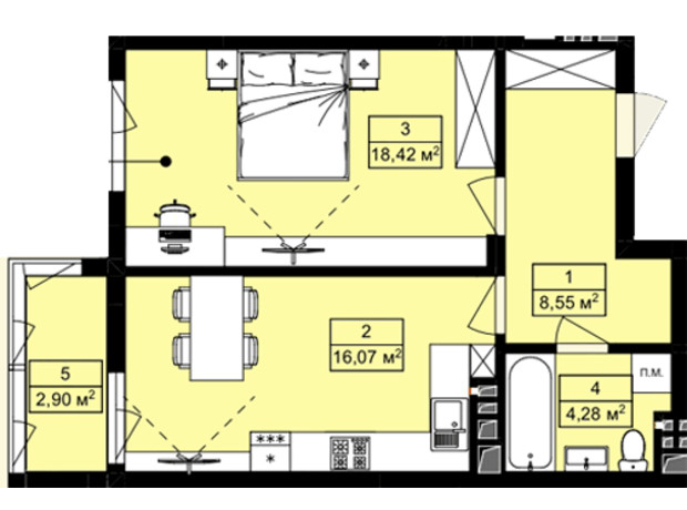 ЖК Royal Hill: планування 1-кімнатної квартири 50.22 м²