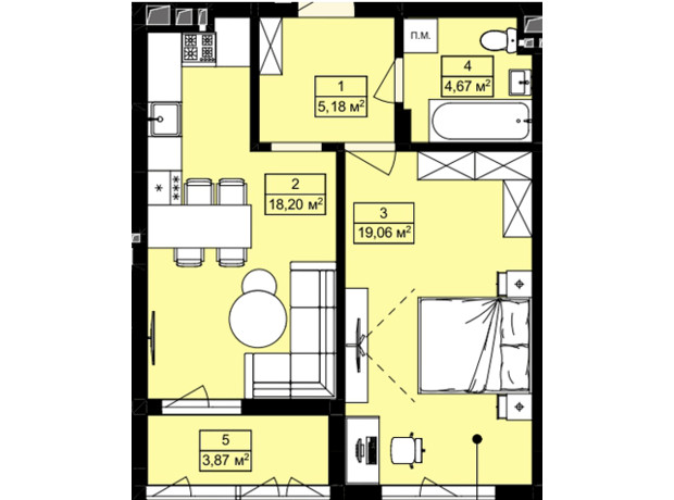 ЖК Royal Hill: планировка 1-комнатной квартиры 50.98 м²