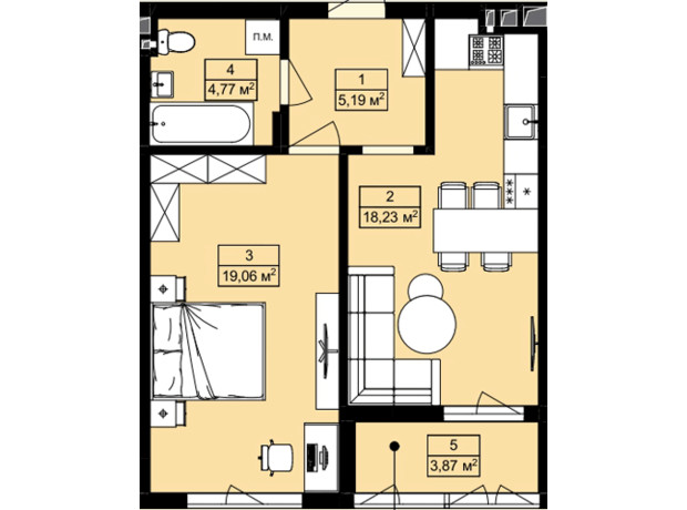 ЖК Royal Hill: планировка 1-комнатной квартиры 51.12 м²