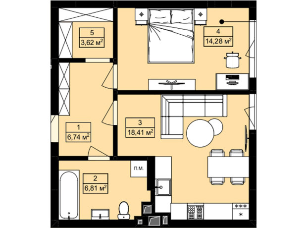 ЖК Royal Hill: планування 1-кімнатної квартири 49.86 м²