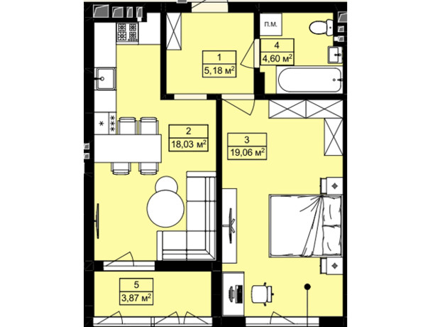 ЖК Royal Hill: планировка 1-комнатной квартиры 50.74 м²