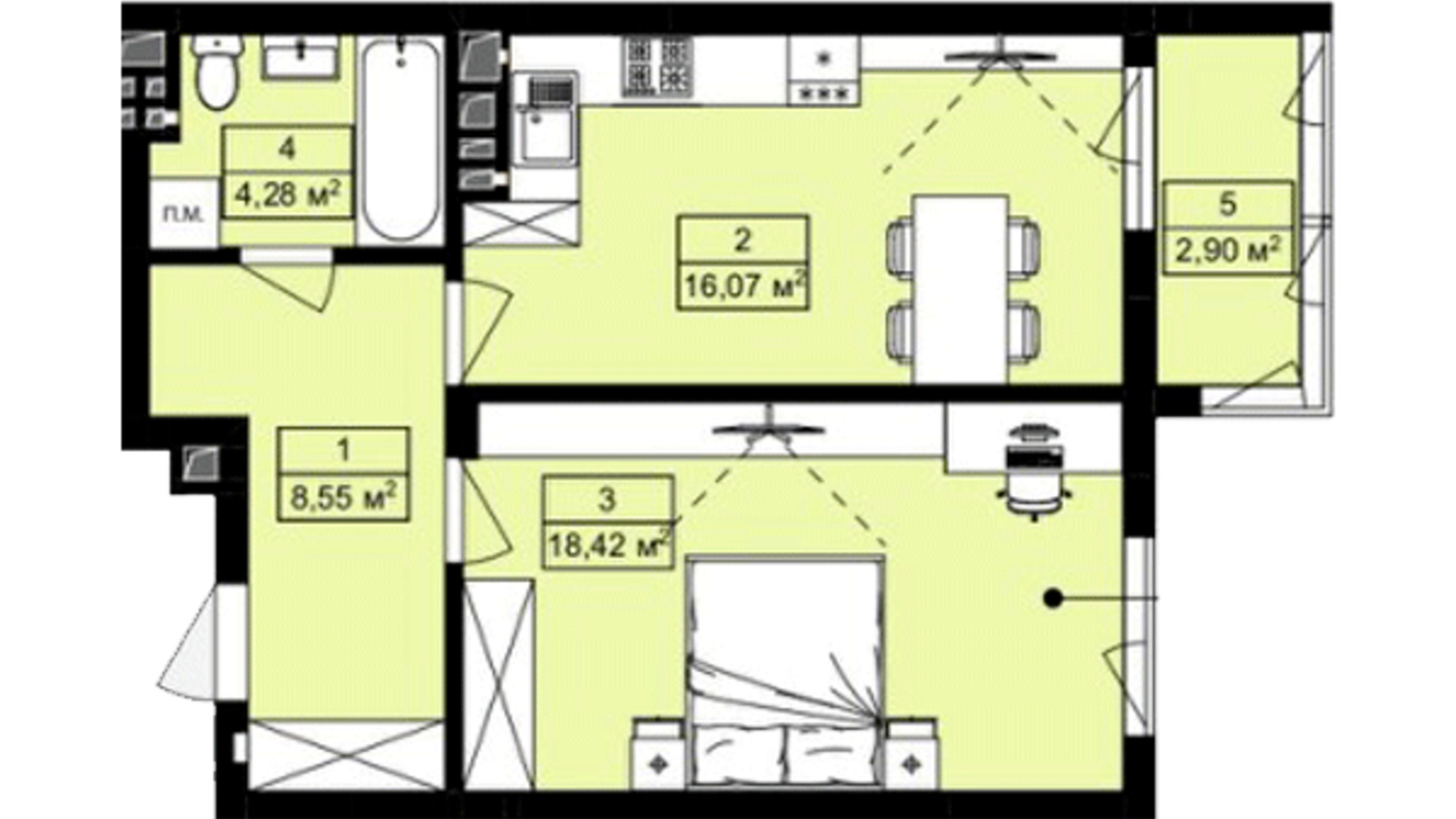 Планировка 1-комнатной квартиры в ЖК Royal Hill 50.22 м², фото 578246