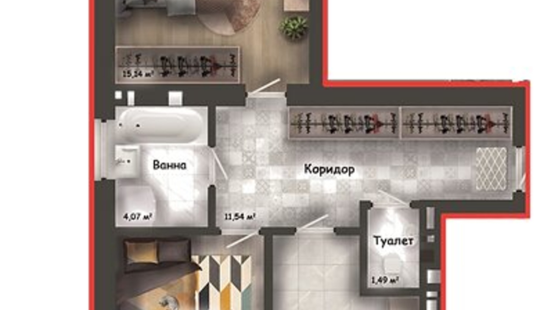 Планування 2-кімнатної квартири в ЖК на Розточчі 58 м², фото 578464