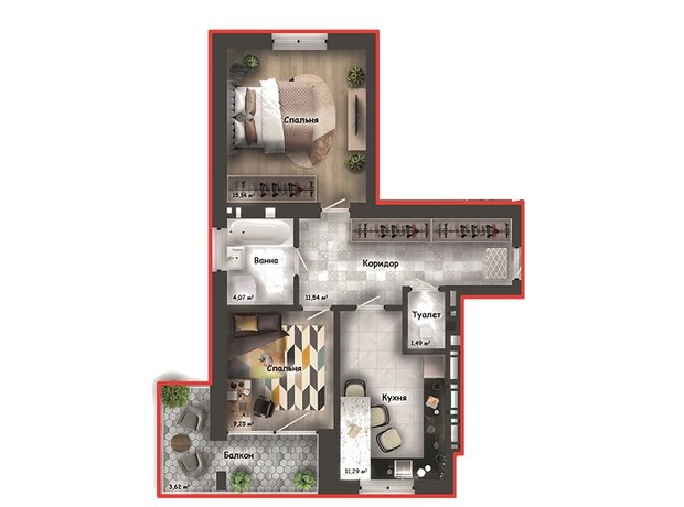 ЖК на Расточье: планировка 2-комнатной квартиры 58 м²