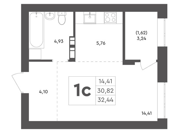 ЖК Scandia: планування 1-кімнатної квартири 32.44 м²