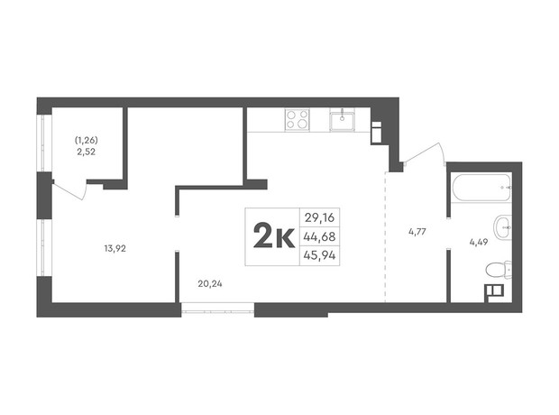 ЖК Scandia: планування 2-кімнатної квартири 45.94 м²